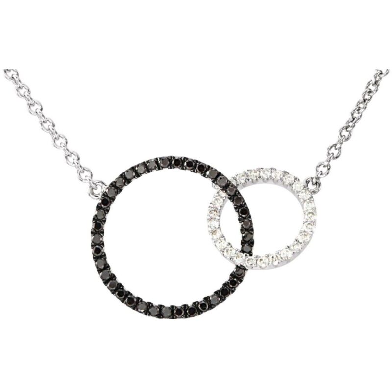 Black and White Diamond Open Circle Necklace 14K White Gold