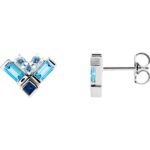 Blue Multi Gemstone Cluster Stud Earrings 14K White Gold