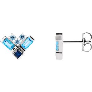Blue Multi Gemstone Cluster Stud Earrings 14K White Gold