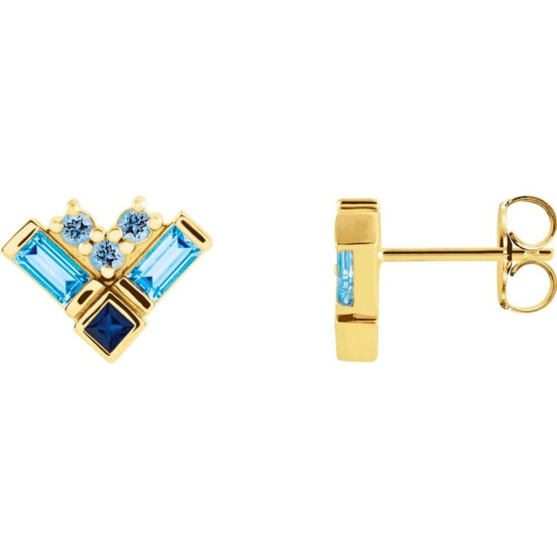 Blue Multi Gemstone Cluster Stud Earrings 14K Yellow Gold