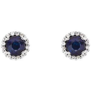 Blue Sapphire Stud Earrings with Diamond Halo in 14K Gold