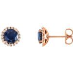Blue Sapphire Stud Earrings with Diamond Halo in 14K Rose Gold Blue Sapphire Stud Earrings with Diamond Halo in 14K Rose Gold