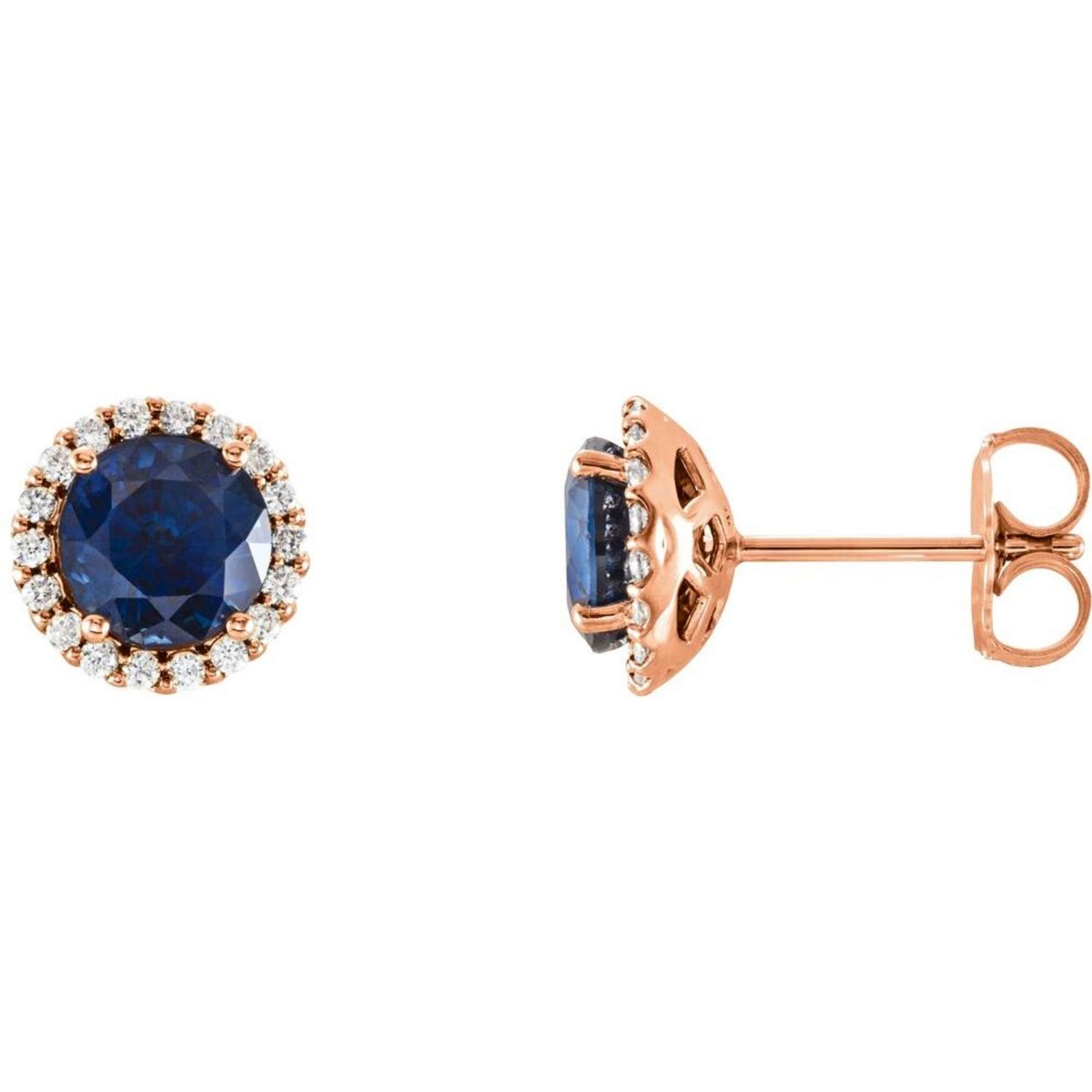 Blue Sapphire Stud Earrings with Diamond Halo in 14K Rose Gold Blue Sapphire Stud Earrings with Diamond Halo in 14K Rose Gold