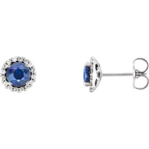 Blue Sapphire Stud Earrings with Diamond Halo in 14K White Gold