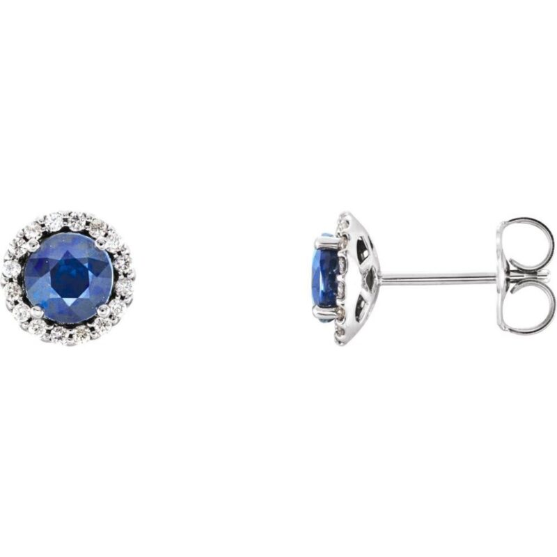 Blue Sapphire Stud Earrings with Diamond Halo in 14K White Gold Blue Sapphire Stud Earrings with Diamond Halo in 14K White Gold