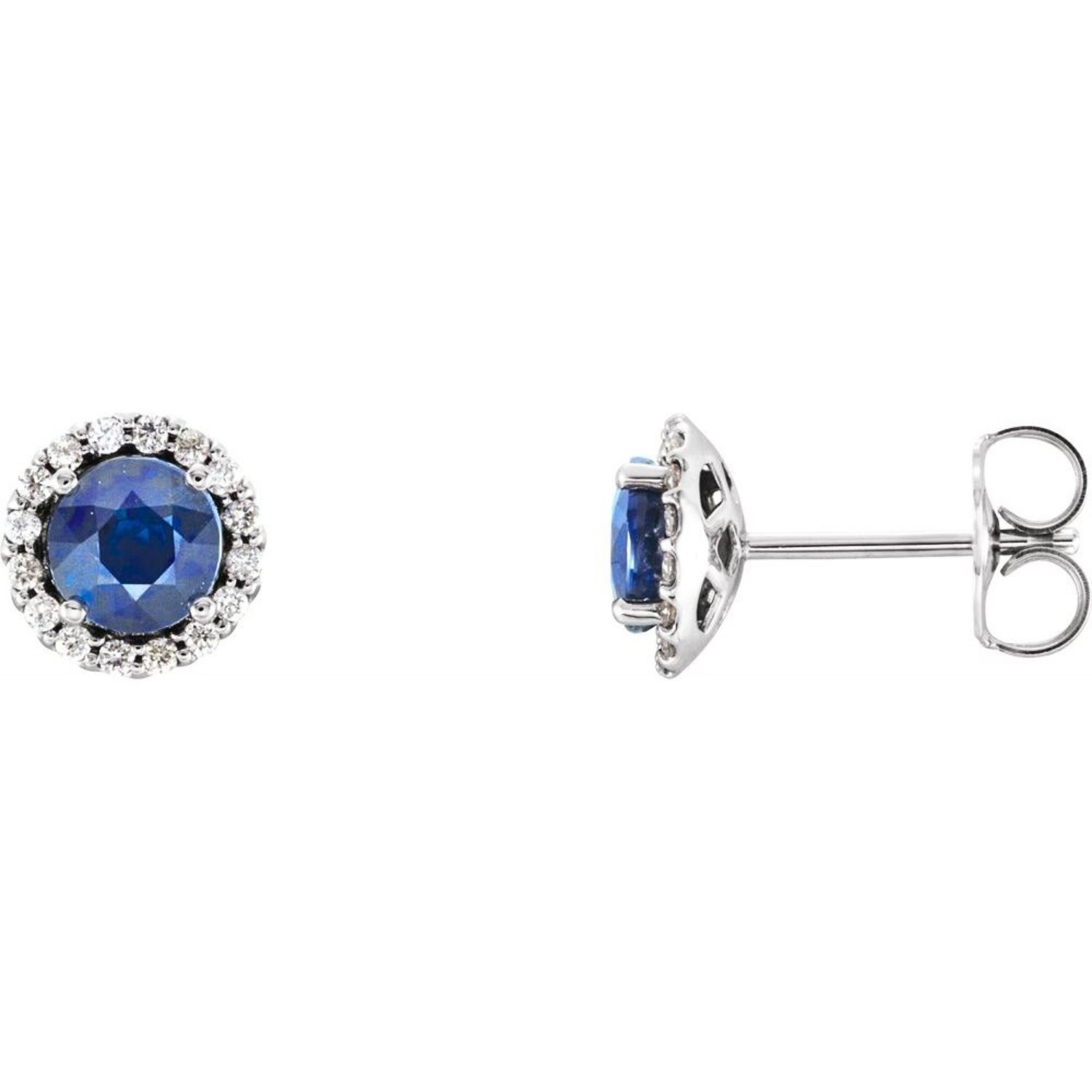 Blue Sapphire Stud Earrings with Diamond Halo in 14K White Gold Blue Sapphire Stud Earrings with Diamond Halo in 14K White Gold