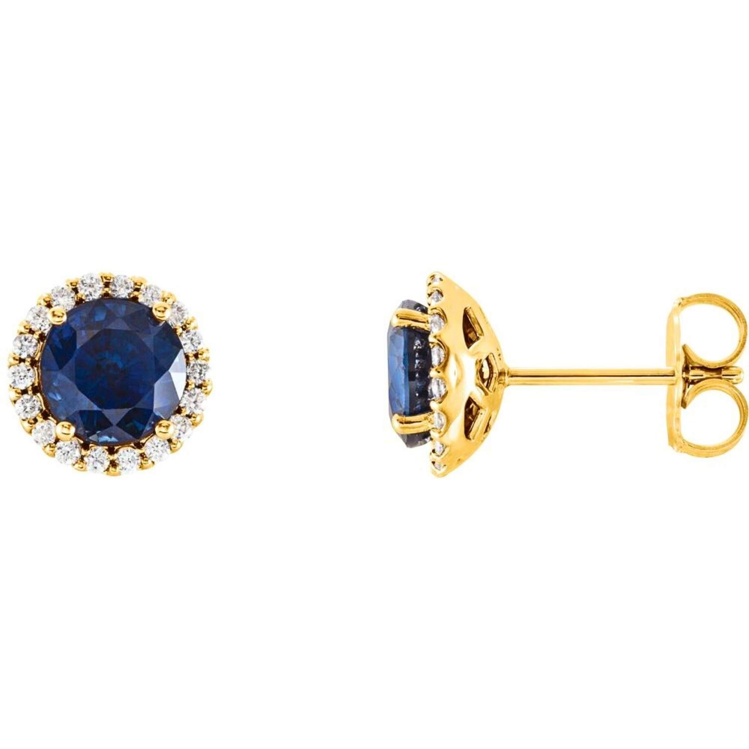 Blue Sapphire Stud Earrings with Diamond Halo in 14K Yellow Gold Blue Sapphire Stud Earrings with Diamond Halo in 14K Yellow Gold