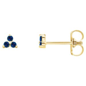 Blue Sapphire Three Stone Cluster Stud Earrings 14K Yellow Gold