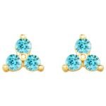 Blue Zircon Three Stone Cluster Stud Earrings 14K Gold