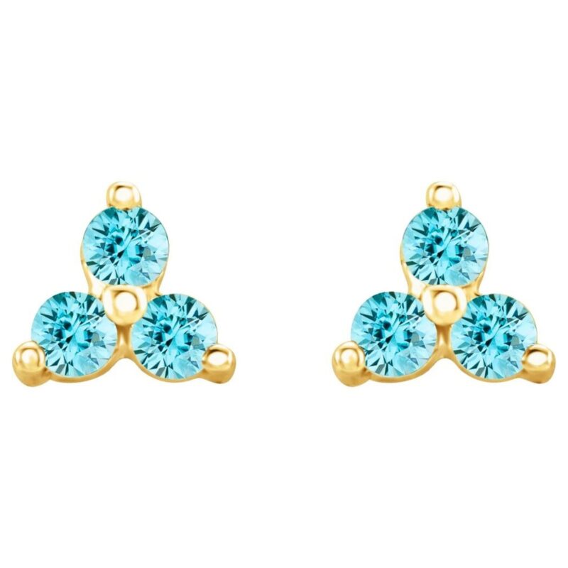 Blue Zircon Three Stone Cluster Stud Earrings 14K Gold