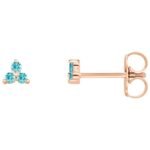 Blue Zircon Three Stone Cluster Stud Earrings 14K Rose Gold