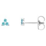 Blue Zircon Three Stone Cluster Stud Earrings 14K White Gold