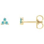 Blue Zircon Three Stone Cluster Stud Earrings 14K Yellow Gold