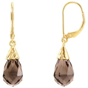 Briolette Smoky Quartz Drop Leverback Earrings 14K Yellow Gold
