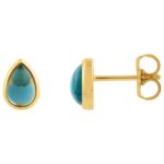 Cabochon Pear London Blue Topaz Stud Earrings 14K Yellow Gold