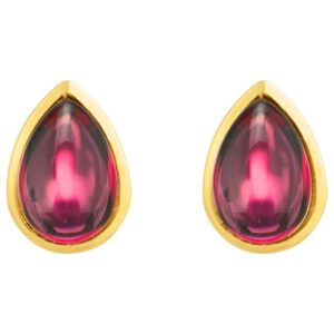 Cabochon Pear Rhodolite Garnet Stud Earrings 14K Gold