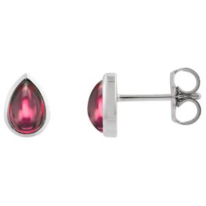 Cabochon Pear Rhodolite Garnet Stud Earrings 14K White Gold