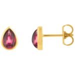 Cabochon Pear Rhodolite Garnet Stud Earrings 14K Yellow Gold