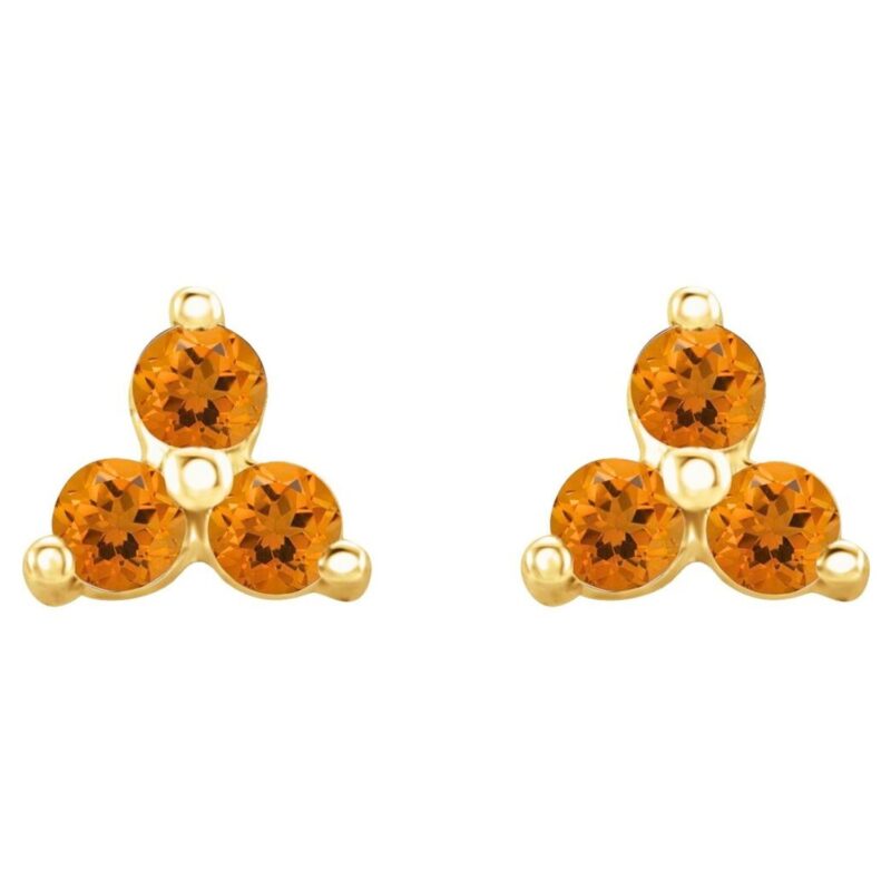Citrine Three Stone Cluster Stud Earrings 14K Gold