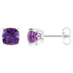 Cushion Cut Amethyst Stud Earrings 14K White Gold