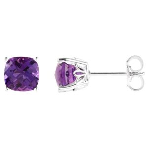Cushion Cut Amethyst Stud Earrings 14K White Gold