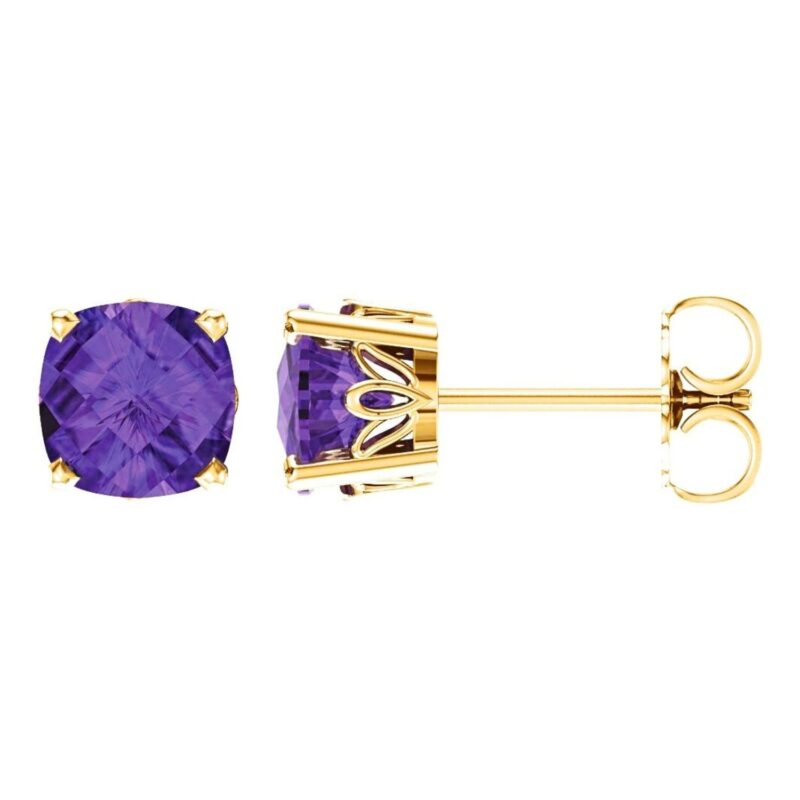 Cushion Cut Amethyst Stud Earrings 14K Yellow Gold