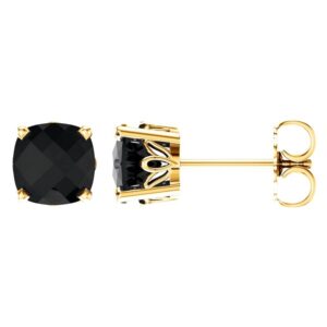 Cushion Cut Black Onyx Stud Earrings 14K Yellow Gold