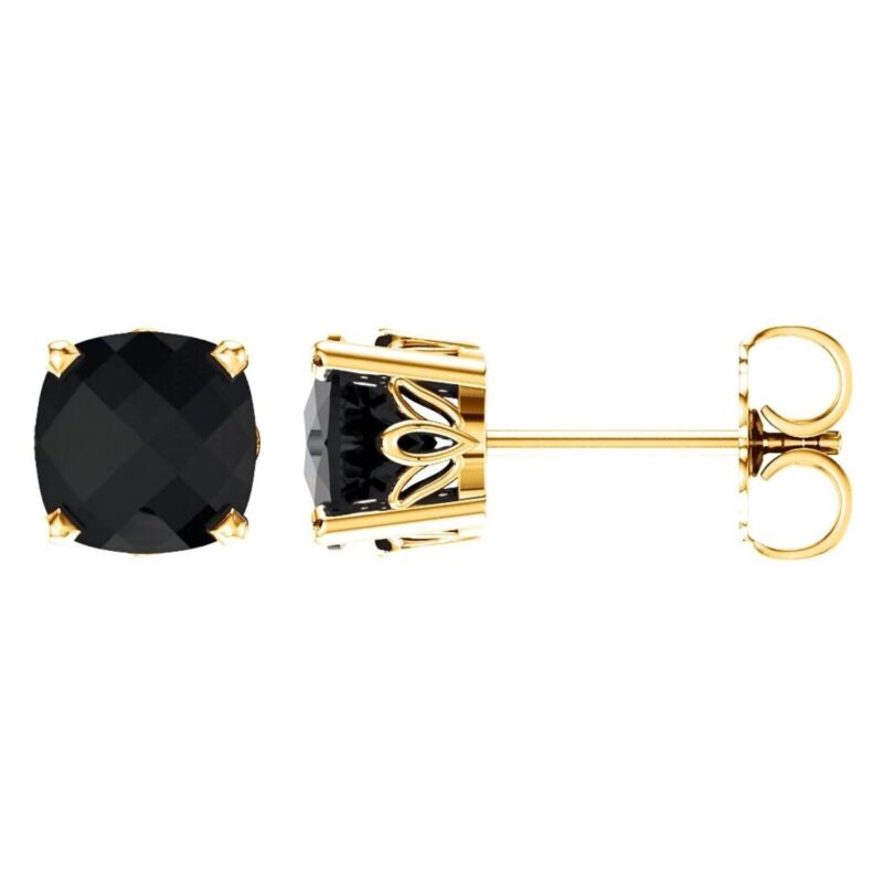 Cushion Cut Black Onyx Stud Earrings 14K Yellow Gold