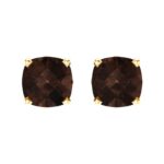 Cushion Cut Brown Smoky Quartz Stud Earrings 14K Gold