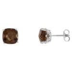 Cushion Cut Brown Smoky Quartz Stud Earrings 14K White Gold