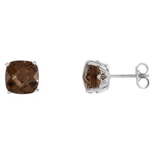 Cushion Cut Brown Smoky Quartz Stud Earrings 14K White Gold
