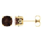 Cushion Cut Brown Smoky Quartz Stud Earrings 14K Yellow Gold