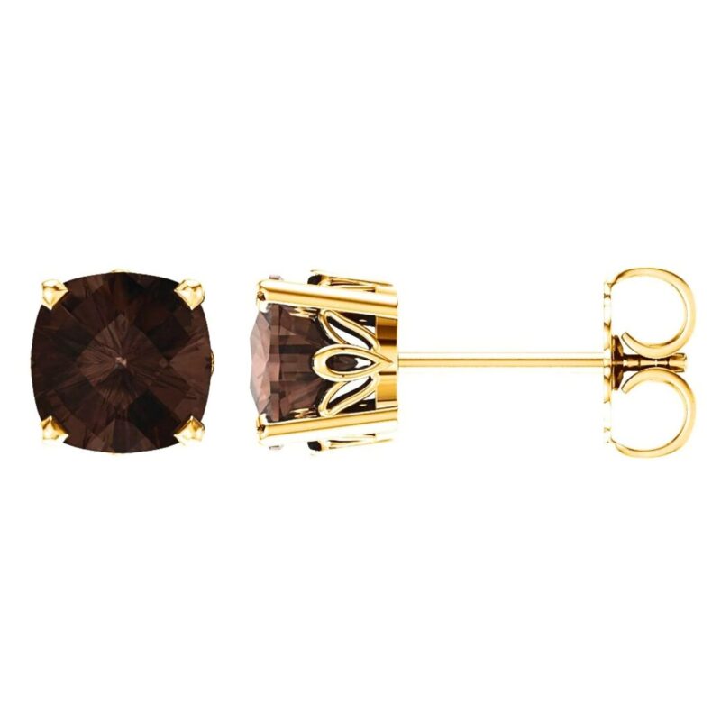 Cushion Cut Brown Smoky Quartz Stud Earrings 14K Yellow Gold