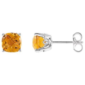 Cushion Cut Citrine Stud Earrings 14K White Gold