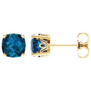 Cushion Cut London Blue Topaz Stud Earrings 14K Yellow Gold