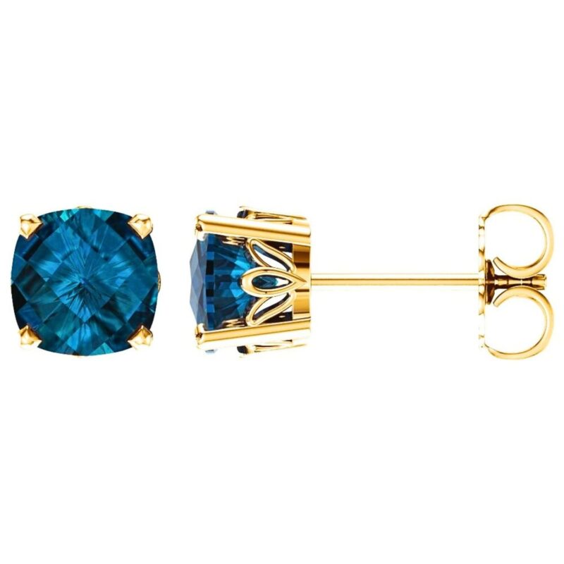Cushion Cut London Blue Topaz Stud Earrings 14K Yellow Gold
