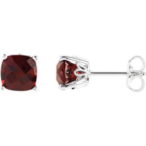 Cushion Cut Red Garnet Stud Earrings 14K White Gold