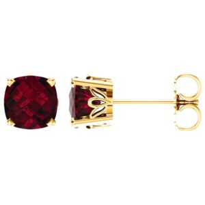 Cushion Cut Red Garnet Stud Earrings 14K Yellow Gold
