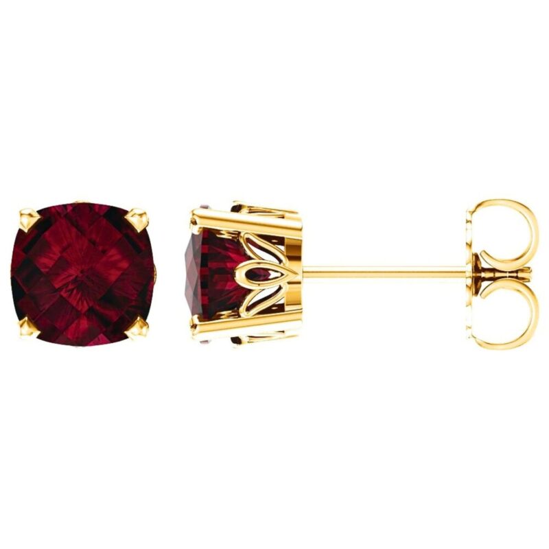 Cushion Cut Red Garnet Stud Earrings 14K Yellow Gold