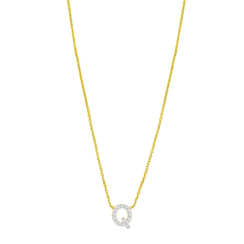 14K Yellow Gold Mini Diamond Q Initial Pendant Necklace
