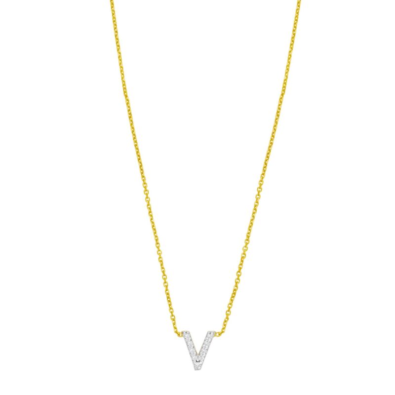 14K Yellow Gold Mini Diamond V Initial Pendant Necklace 14K Yellow Gold Mini Diamond V Initial Pendant Necklace
