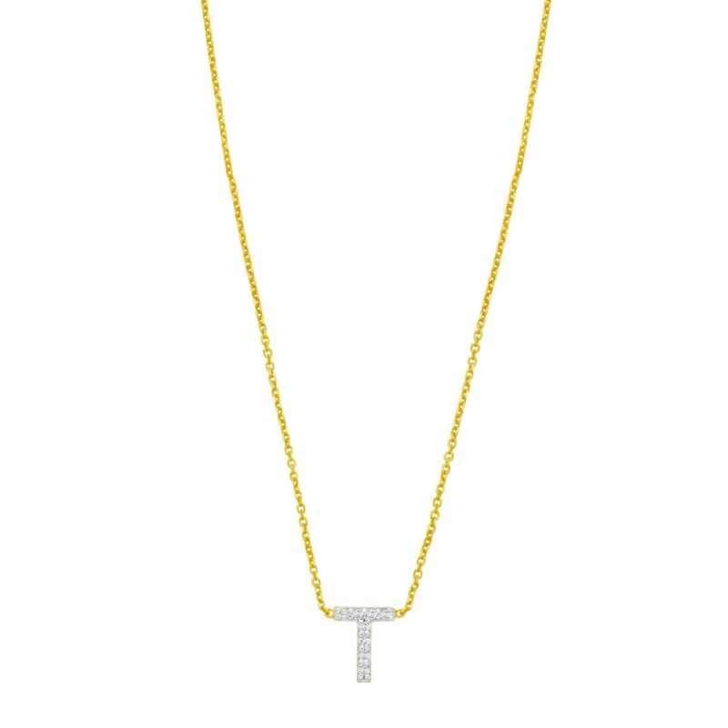 14K Yellow Gold Mini Diamond T Initial Pendant Necklace