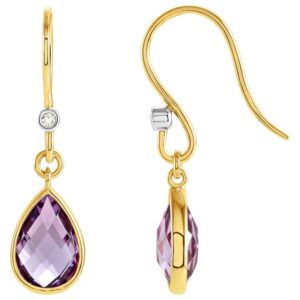 Diamond Accented Amethyst Teardrop Dangle Earrings 14K Gold