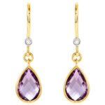 Diamond Accented Amethyst Teardrop Dangle Earrings 14K Yellow Gold