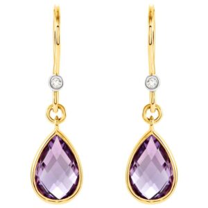 Diamond Accented Amethyst Teardrop Dangle Earrings 14K Yellow Gold