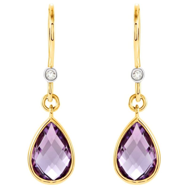 Diamond Accented Amethyst Teardrop Dangle Earrings 14K Yellow Gold