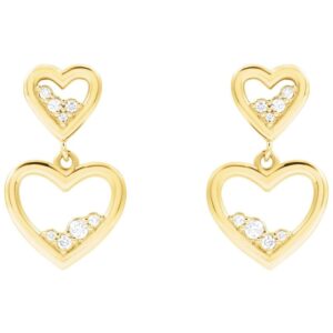 Diamond Accented Double Heart Dangle Earrings 14K Gold