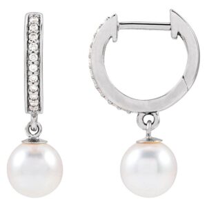 Diamond Accented Pearl Drop Hoop Earrings 14K White Gold