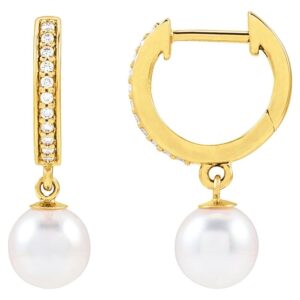 Diamond Accented Pearl Drop Hoop Earrings 14K Yellow Gold