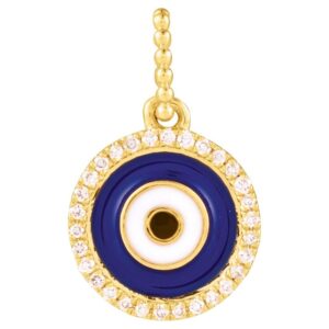 Diamond Blue Enameled Evil Eye Pendant 14K Gold